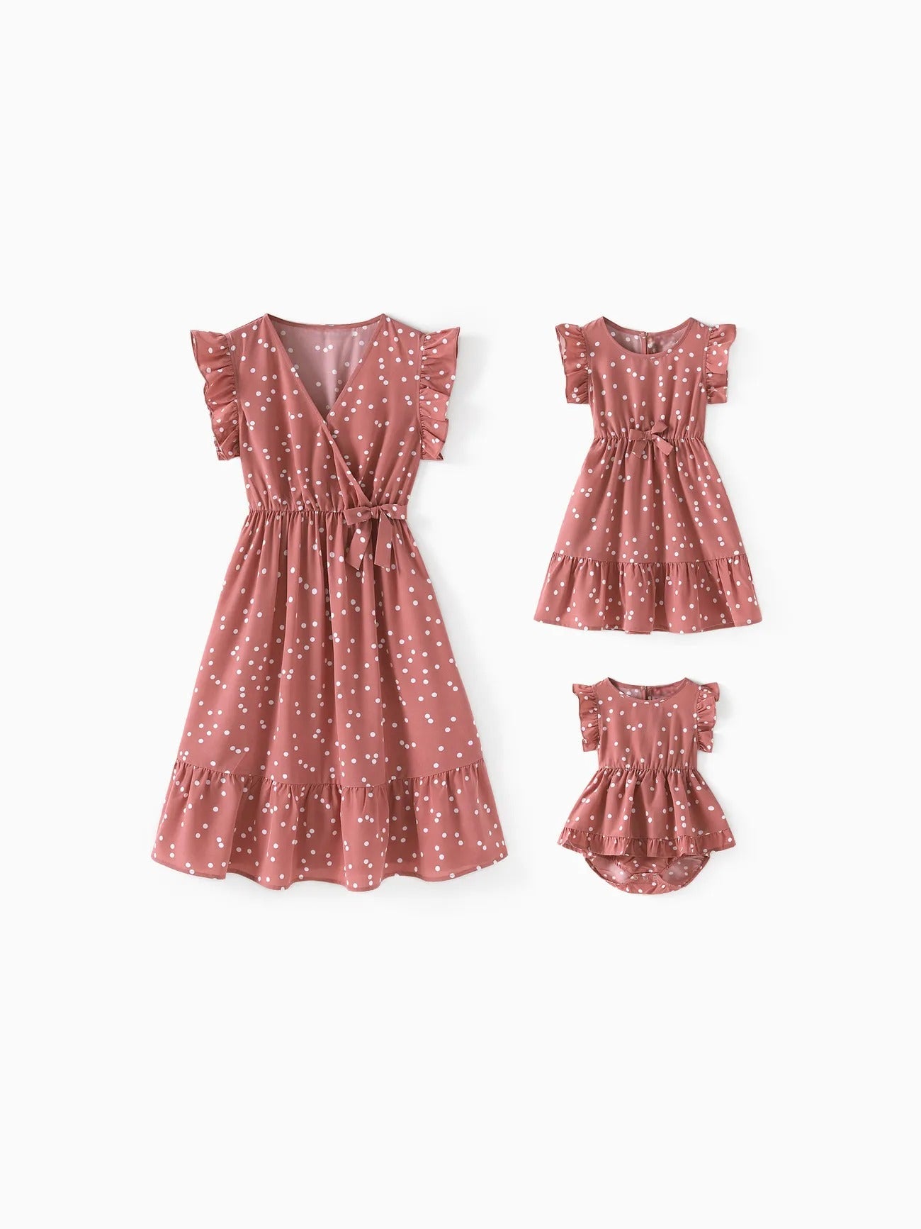 Pink Dotted Cross Wrap V Shape Sleeve Dress For Mom And Me