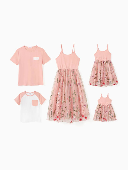 Tulle Strap Dress And Embroidered Cami Tee Family Matching Set