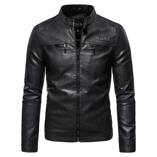 Men's Zipper Stand Collar Windproof Leather Jacket