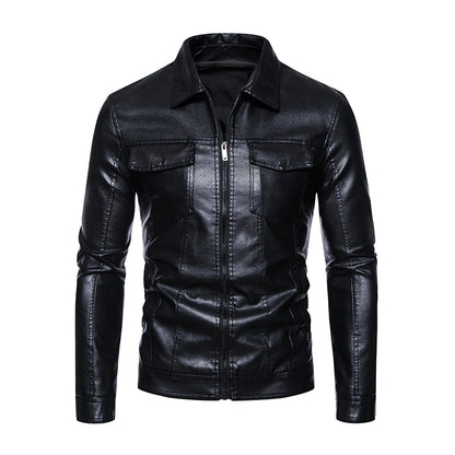 Men's Turn Down Collar Leather Zipper Jacket