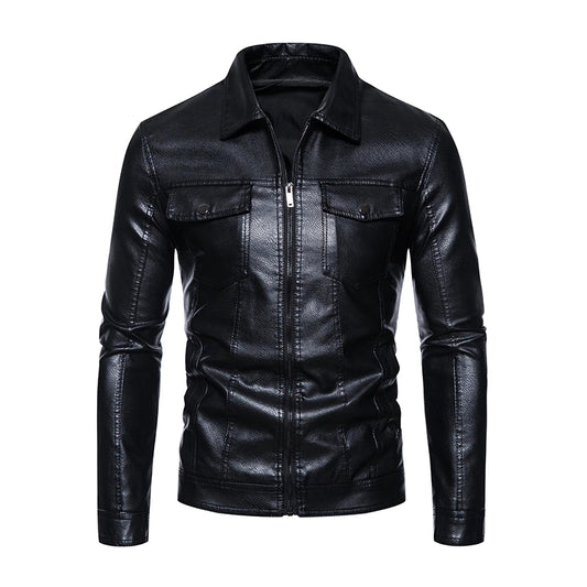Men's Turn Down Collar Leather Zipper Jacket