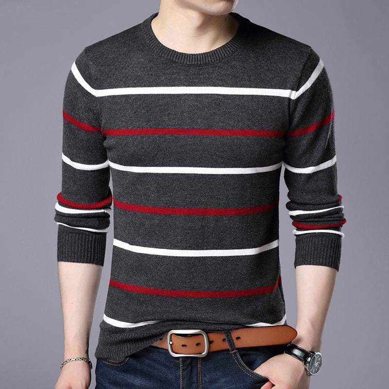Men's Round Collar Striped Pullovers