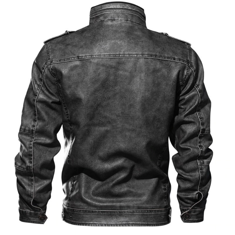 Stand Collar Zipper Pockets Leather Jackets