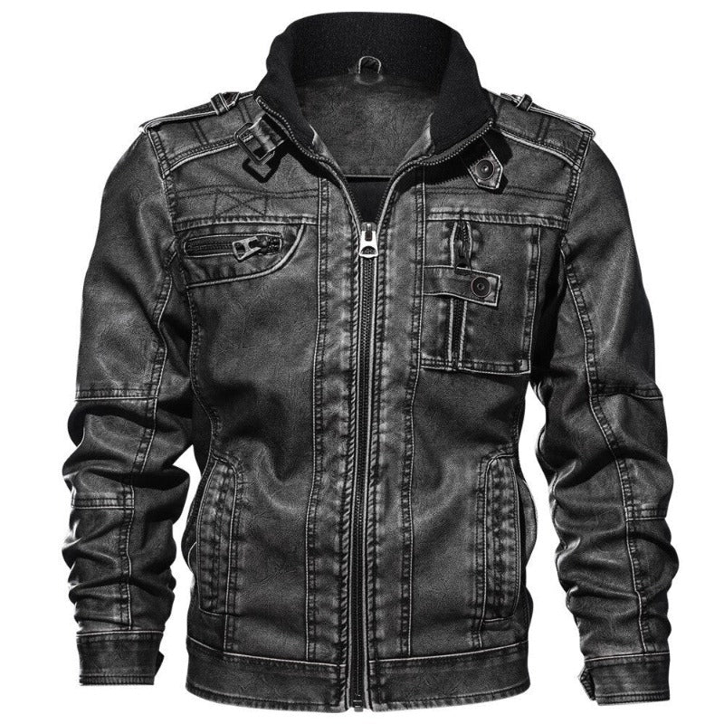 Stand Collar Zipper Pockets Leather Jackets