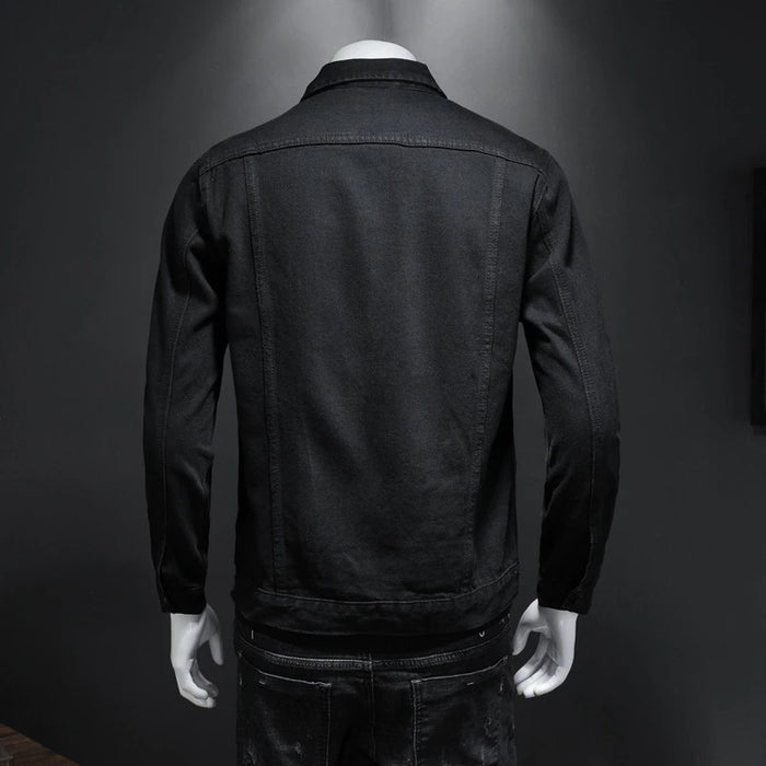 Black Casual Turn Down Collar Motorcycle Denim Coats