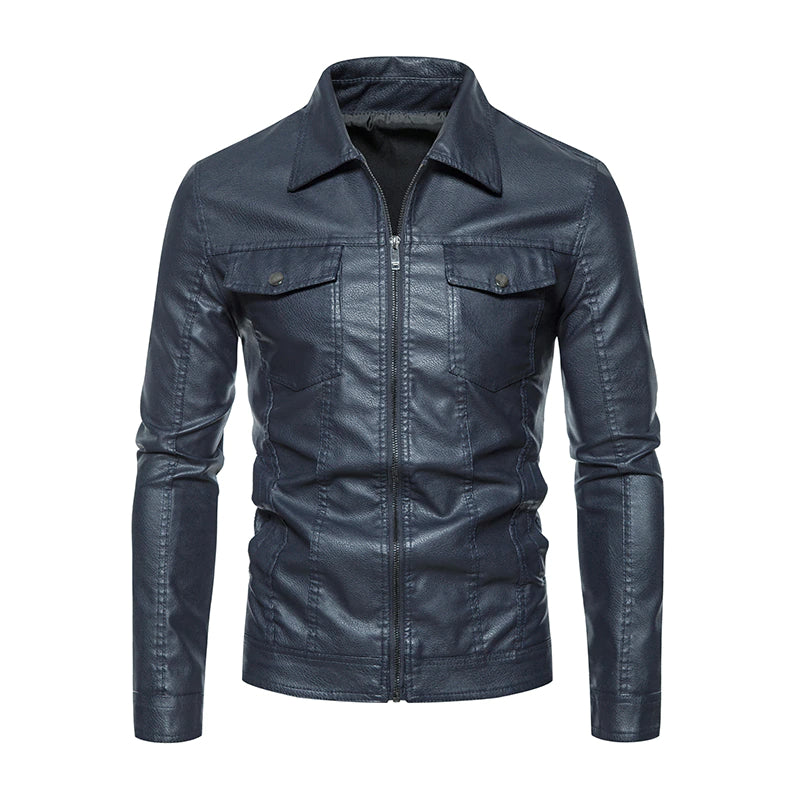 Men's Turn Down Collar Leather Zipper Jacket