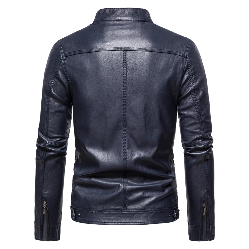 Men's Zipper Stand Collar Windproof Leather Jacket