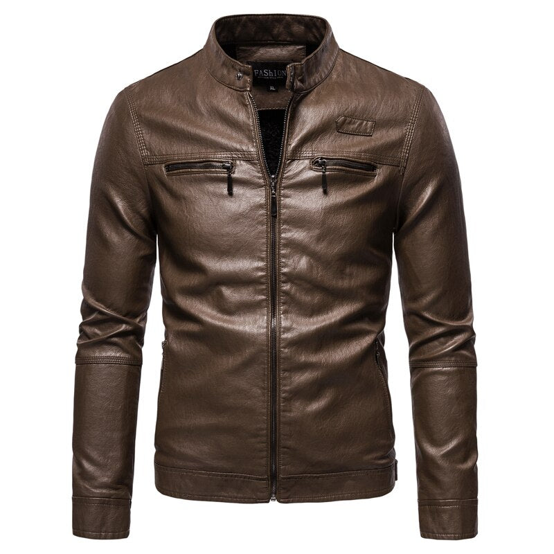 Men's Zipper Stand Collar Windproof Leather Jacket