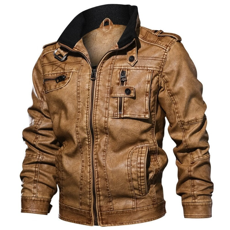 Stand Collar Zipper Pockets Leather Jackets