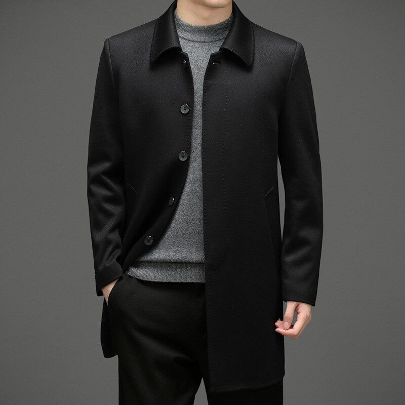 Men's Solid Turn Down Collar Long Coat