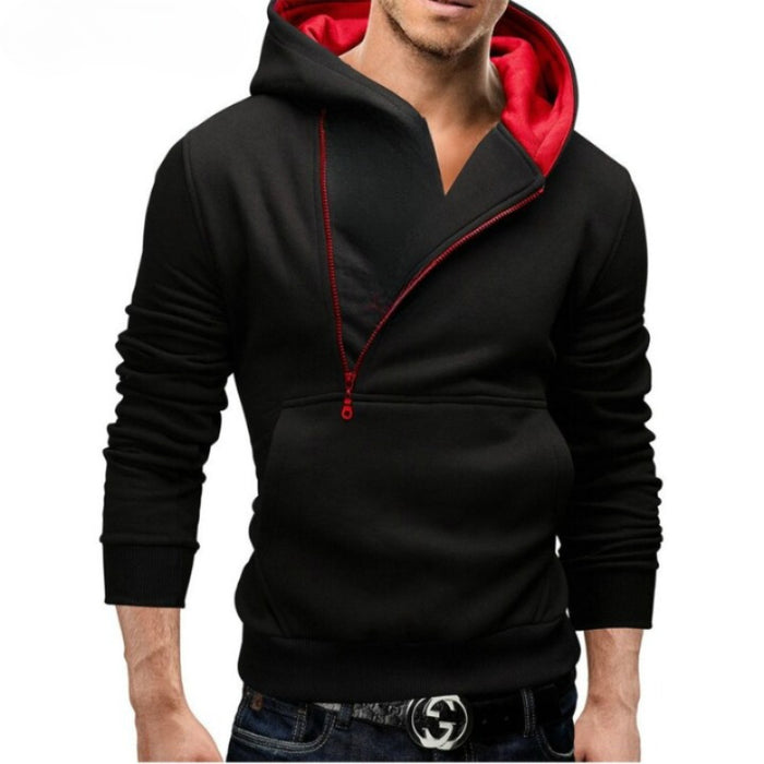 Oblique Zipper Solid Color Hoodies Men