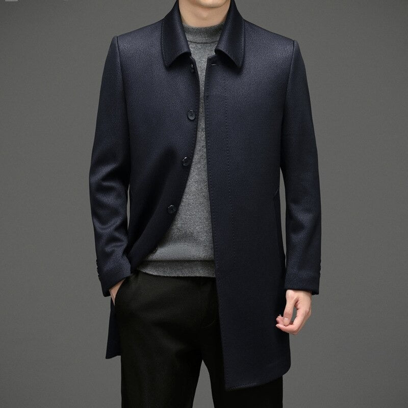 Men's Solid Turn Down Collar Long Coat