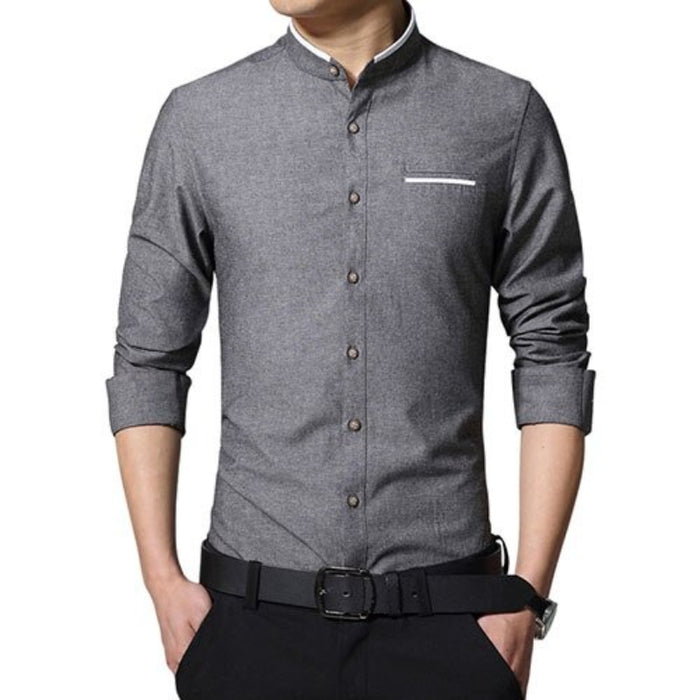 Long Sleeve Casual Mandarin Collar Slim Fit Shirt Men