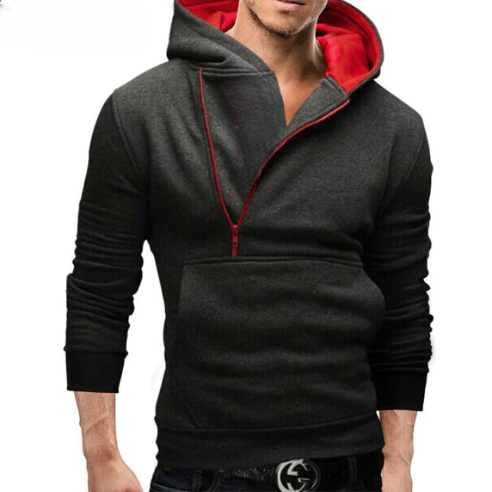Oblique Zipper Solid Color Hoodies Men