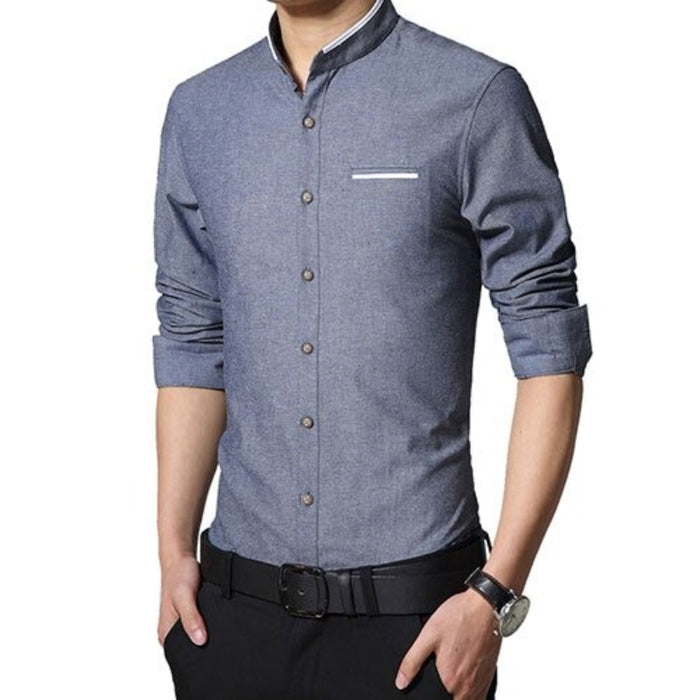 Long Sleeve Casual Mandarin Collar Slim Fit Shirt Men