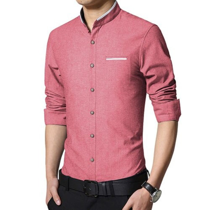Long Sleeve Casual Mandarin Collar Slim Fit Shirt Men