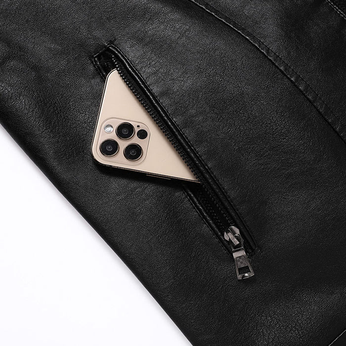 Men's Solid Leather Stand Collar Jacket