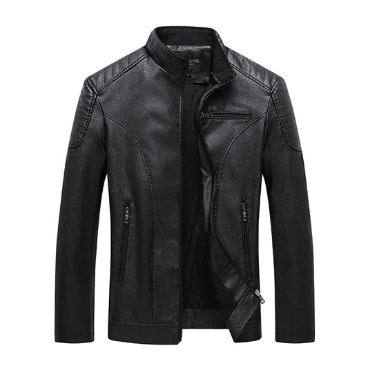 Men's Solid Leather Stand Collar Jacket