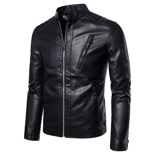 Men's Solid Leather Biker Zipper Jacket