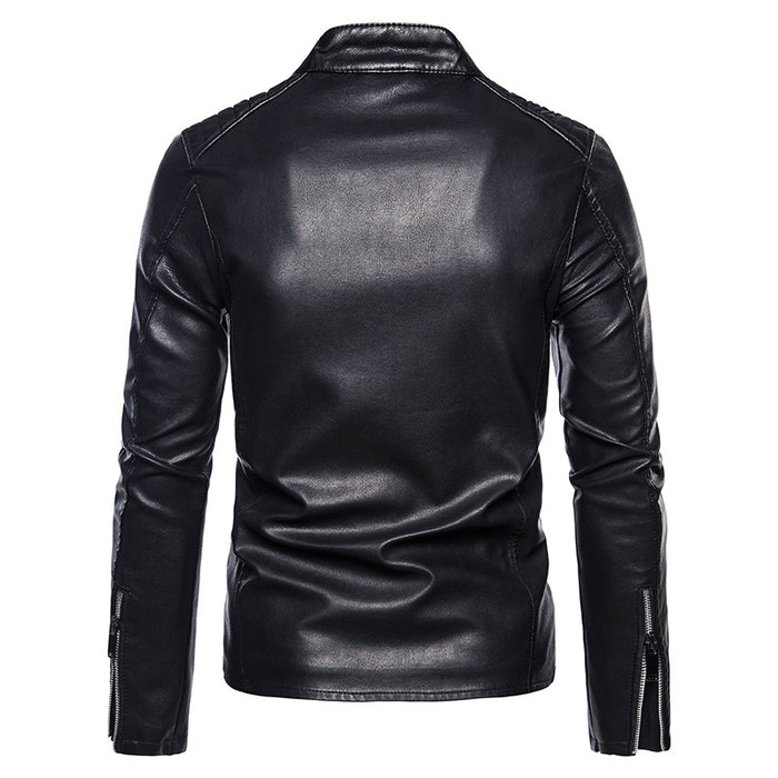 Men's Solid Leather Biker Zipper Jacket