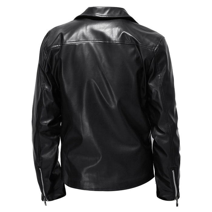Men's Solid Leather Motorcycle Zipper Jacket