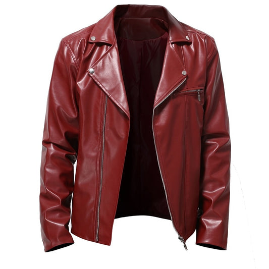 Men's Solid Leather Motorcycle Zipper Jacket