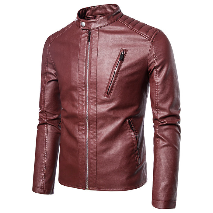Men's Solid Leather Biker Zipper Jacket