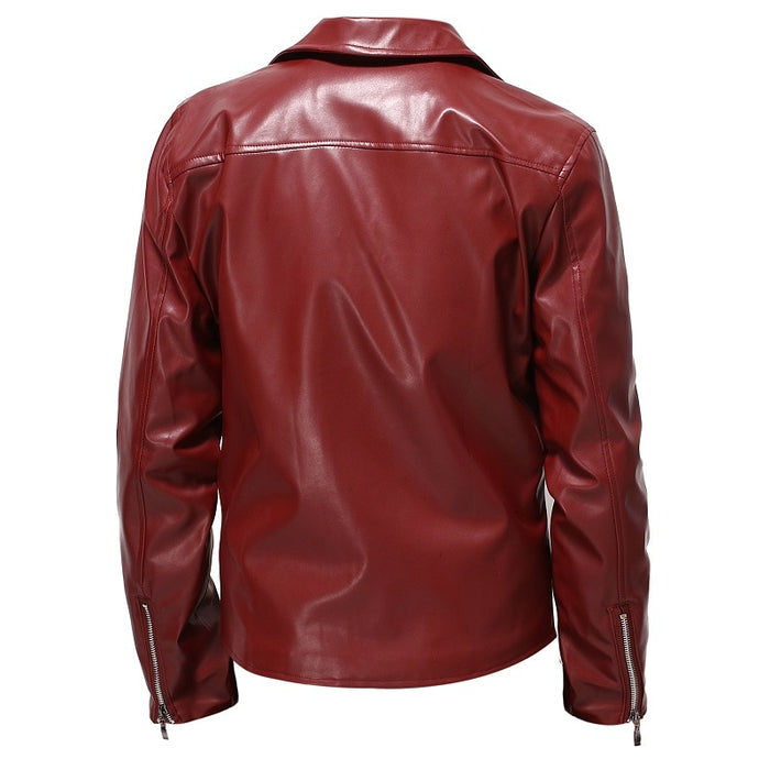 Men's Solid Leather Motorcycle Zipper Jacket
