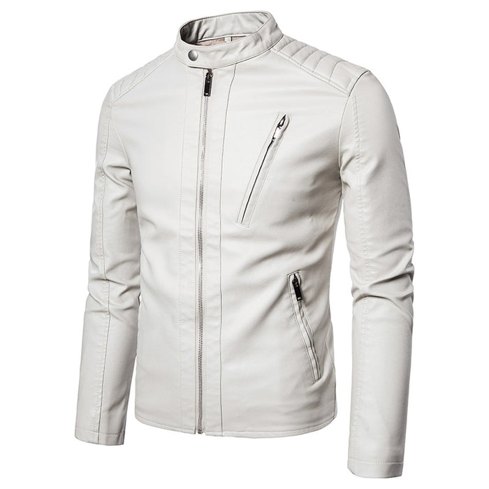 Men's Solid Leather Biker Zipper Jacket