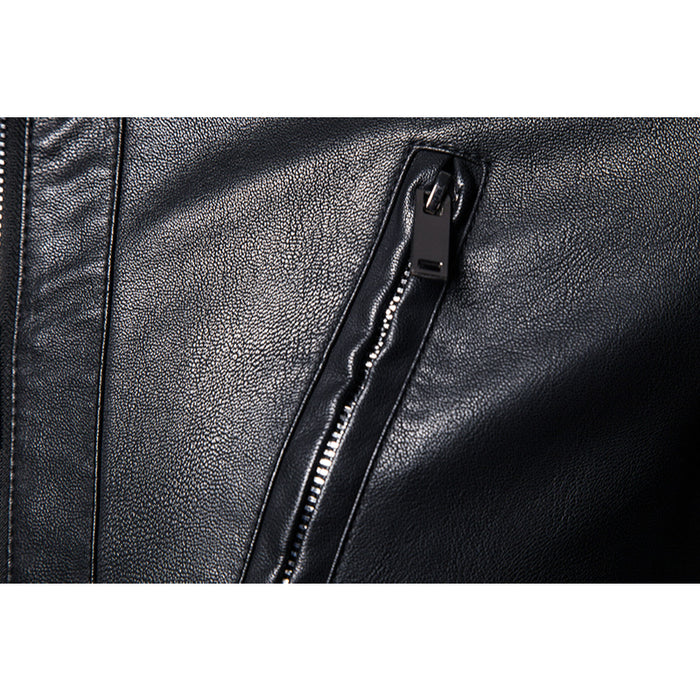 Men's Solid Leather Biker Zipper Jacket