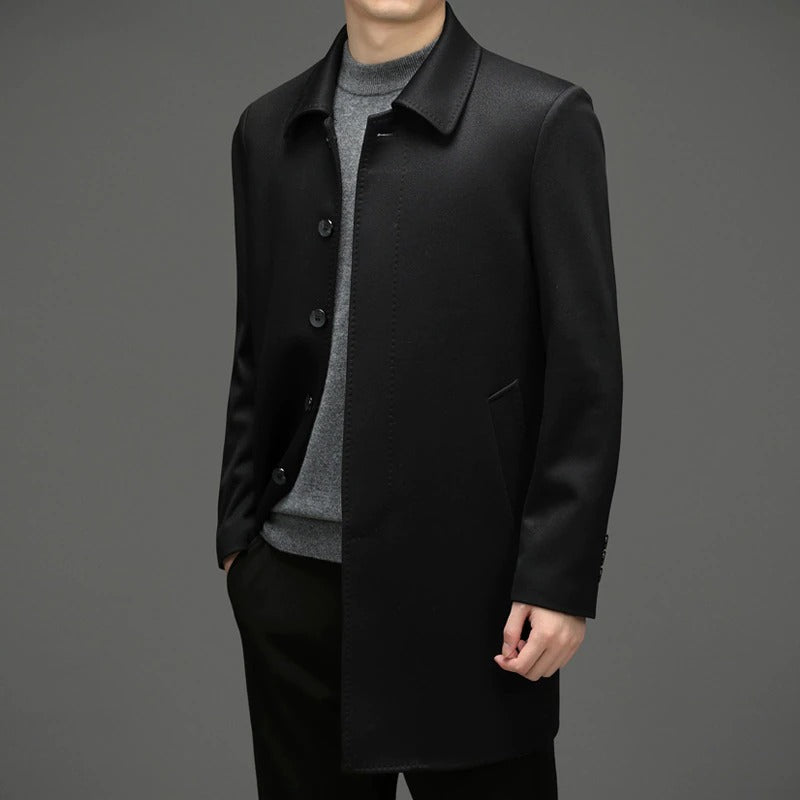 Men's Solid Turn Down Collar Long Coat