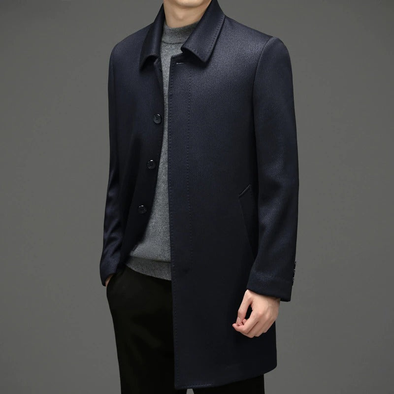 Men's Solid Turn Down Collar Long Coat