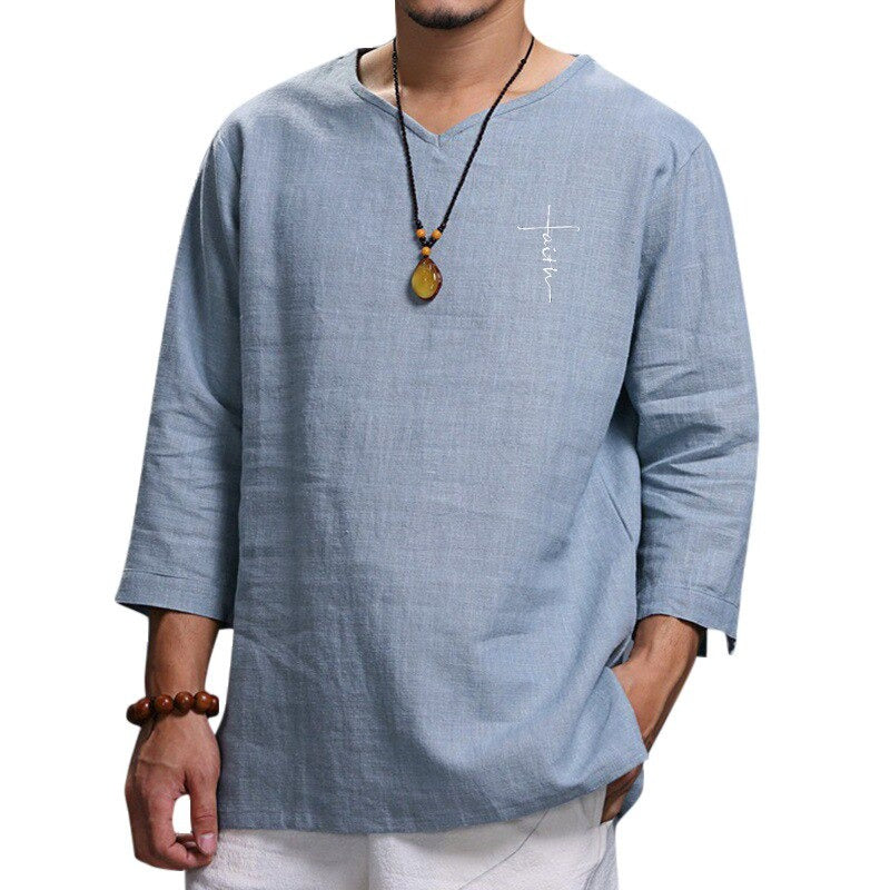 Men's Cotton V-Neck Loose Three-Quarter T-Shirt