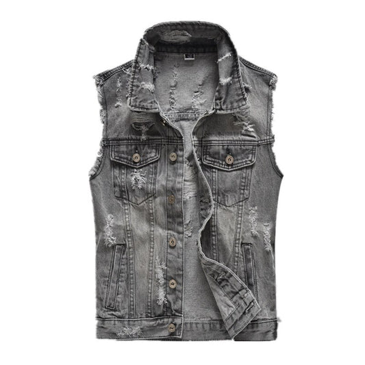 Men's Solid Gray Denim Vest Jacket