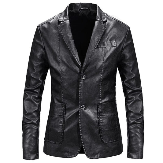 Men's Solid Buttoned Leather Jacket