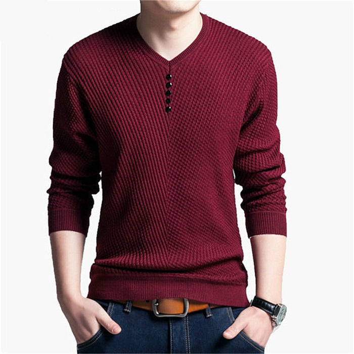 Men's Solid V-Neck Knitted Pullover Sweater