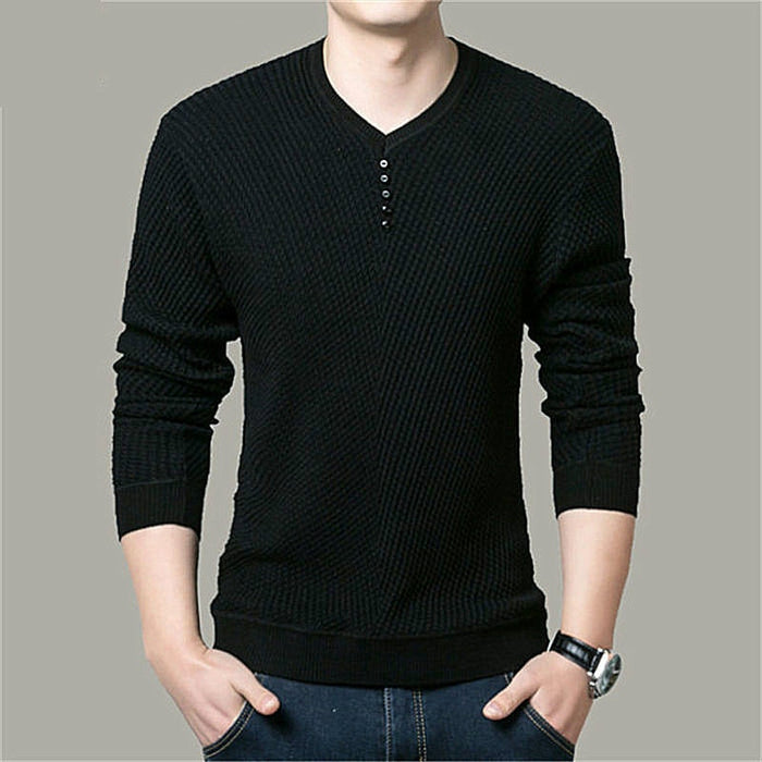 Men's Solid V-Neck Knitted Pullover Sweater