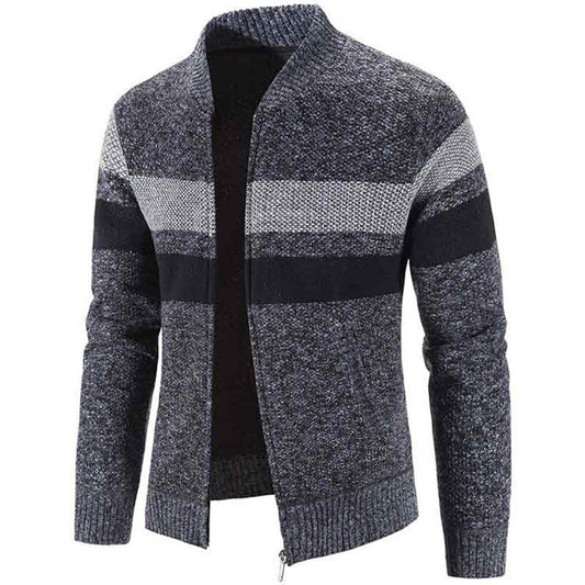 Men's O Neck Fleece Striped Cardigan