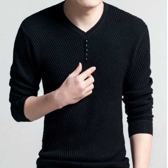Men's Solid V-Neck Knitted Pullover Sweater