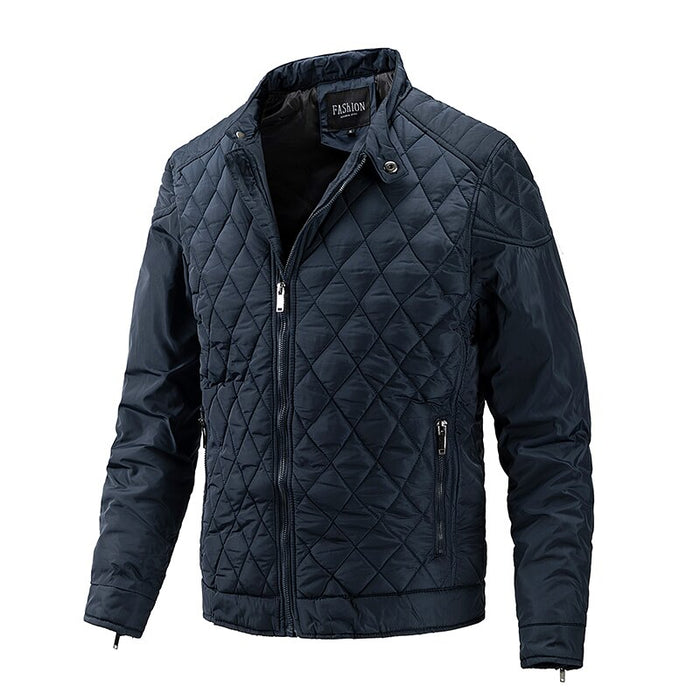 Men's Solid Gridded Stand Collar Jacket