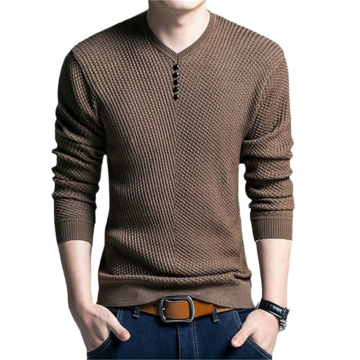 Men's Solid V-Neck Knitted Pullover Sweater