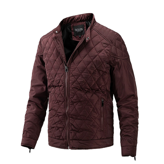 Men's Solid Gridded Stand Collar Jacket