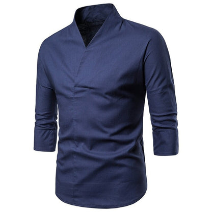 Men Solid Pullover V Neck Three Quarter Kimono Shirts