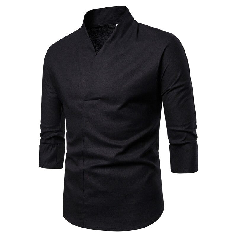 Men Solid Pullover V Neck Three Quarter Kimono Shirts