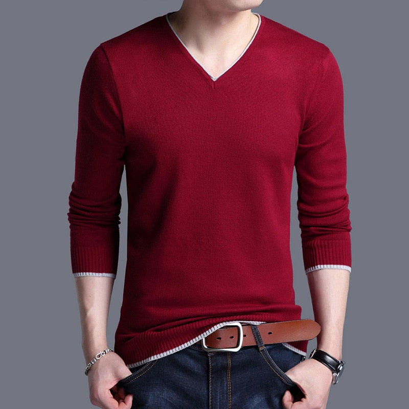 Men's V Neck Knitted Slim Fit Pullover